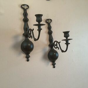 Vintage Solid Brass 12” Wall Sconce Candle Holders Pair Scrolled Arm Dark Brown